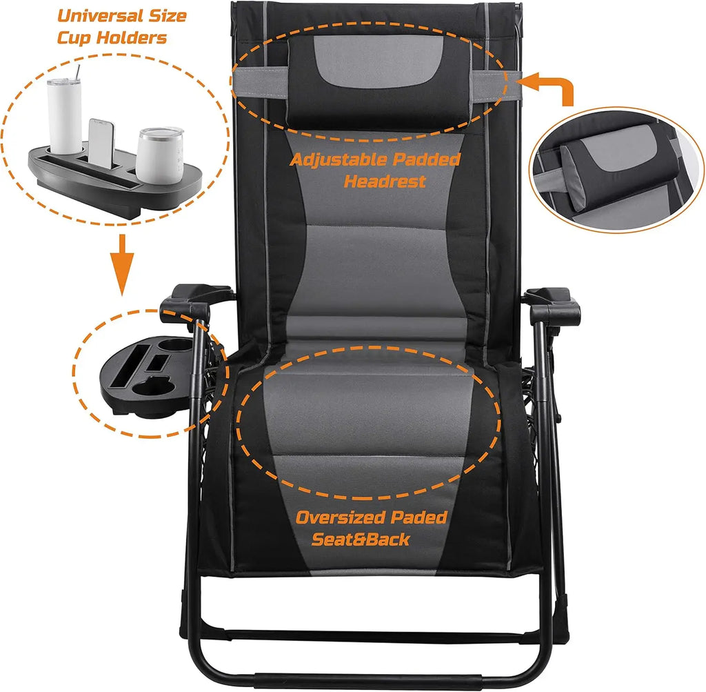 XXL Oversize Recliner Folding Chair for Camping Patio Outdoors Zero Gravity Extra Wide Reclining Padded Seats with Sunshade