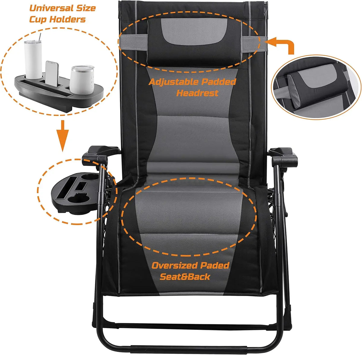 XXL Oversize Recliner Folding Chair for Camping Patio Outdoors Zero Gravity Extra Wide Reclining Padded Seats with Sunshade