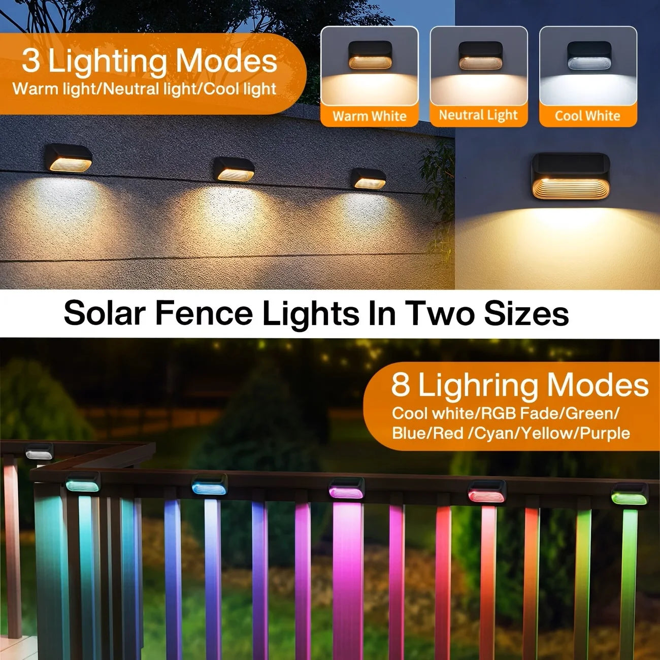 Solar Wall/Fence Lamp Lights RGB Modes For Backyard Patio Deck Waterproof