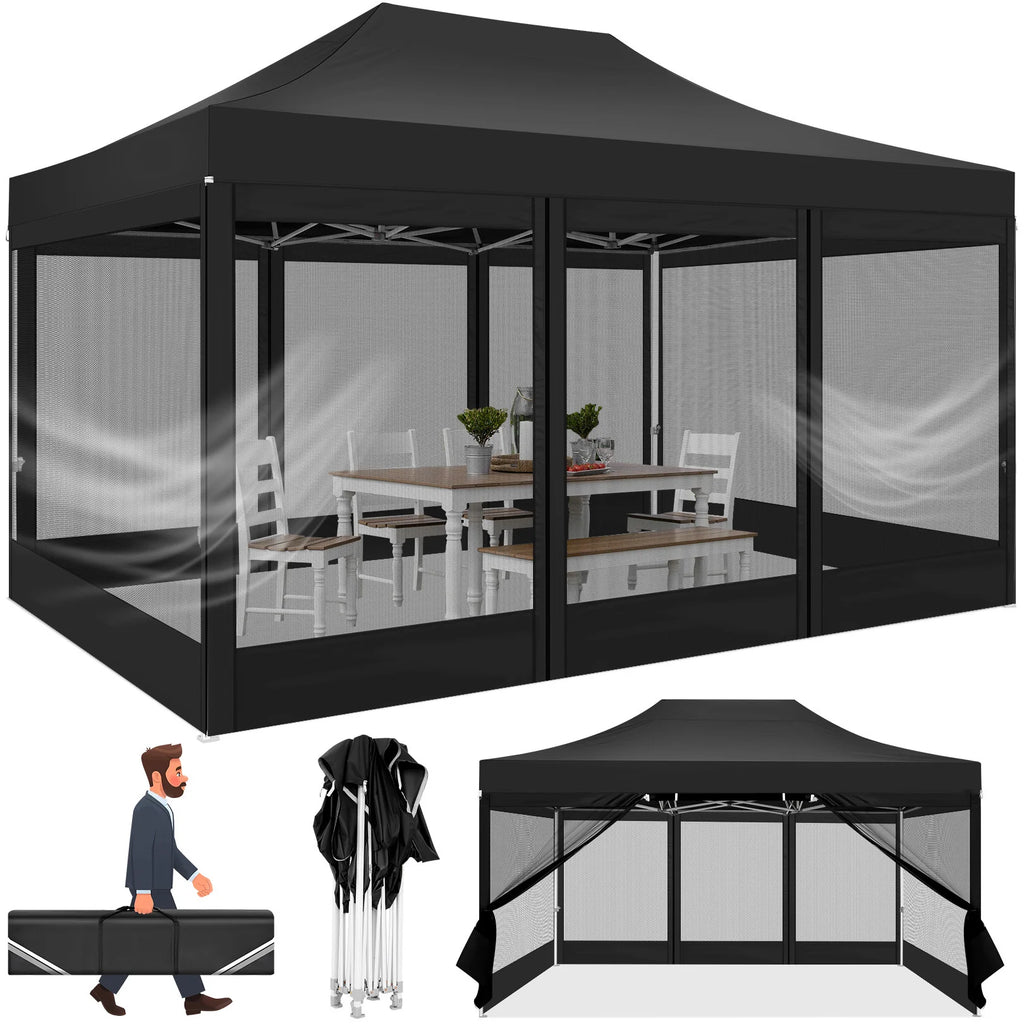 10x15 FT Heavy Duty Pop Up Canopy with 4 Sidewalls, Commercial Gazebo Party Tent with Mosquito Netting Wall Easy Set Up Outdoor