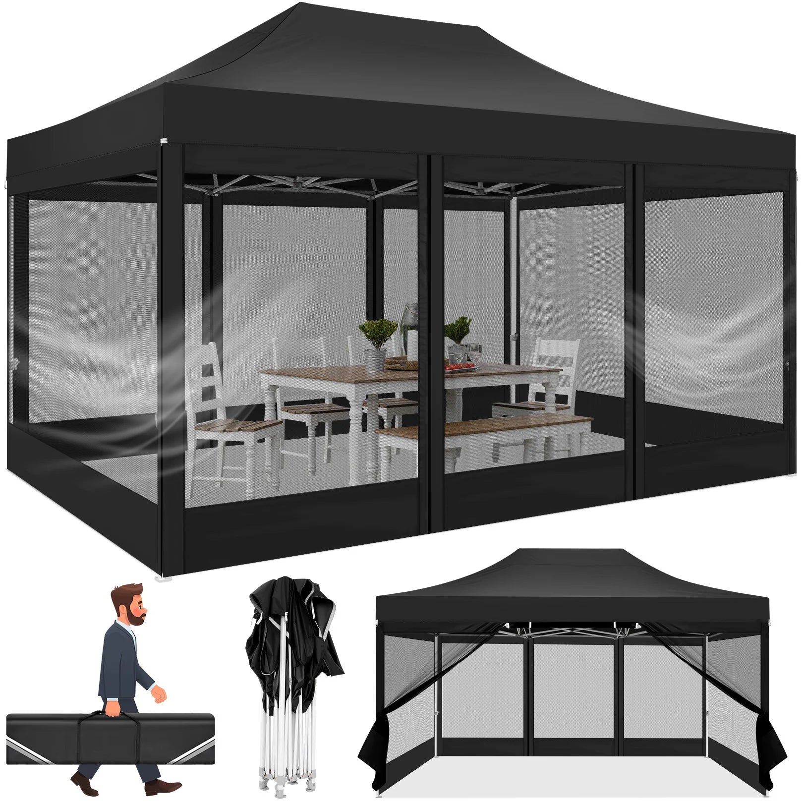 10x15 FT Heavy Duty Pop Up Canopy with 4 Sidewalls, Commercial Gazebo Party Tent with Mosquito Netting Wall Easy Set Up Outdoor