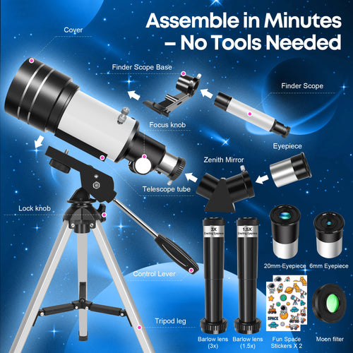 150X 70mm Astronomical Telescope for Adults Beginners Camping Nature Observation