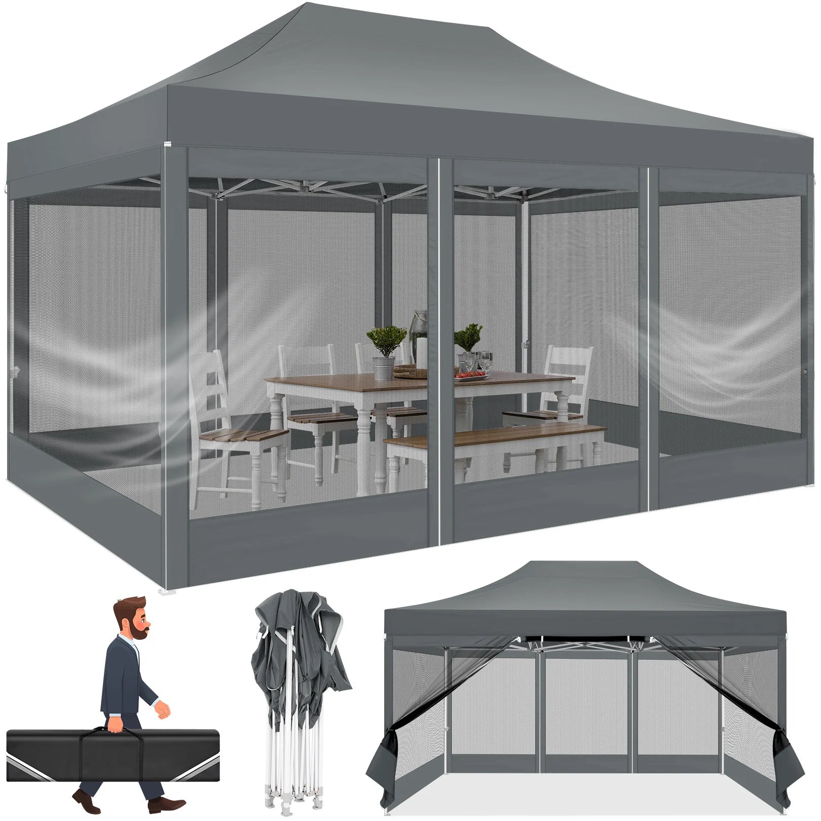 10x15 FT Heavy Duty Pop Up Canopy with 4 Sidewalls, Commercial Gazebo Party Tent with Mosquito Netting Wall Easy Set Up Outdoor