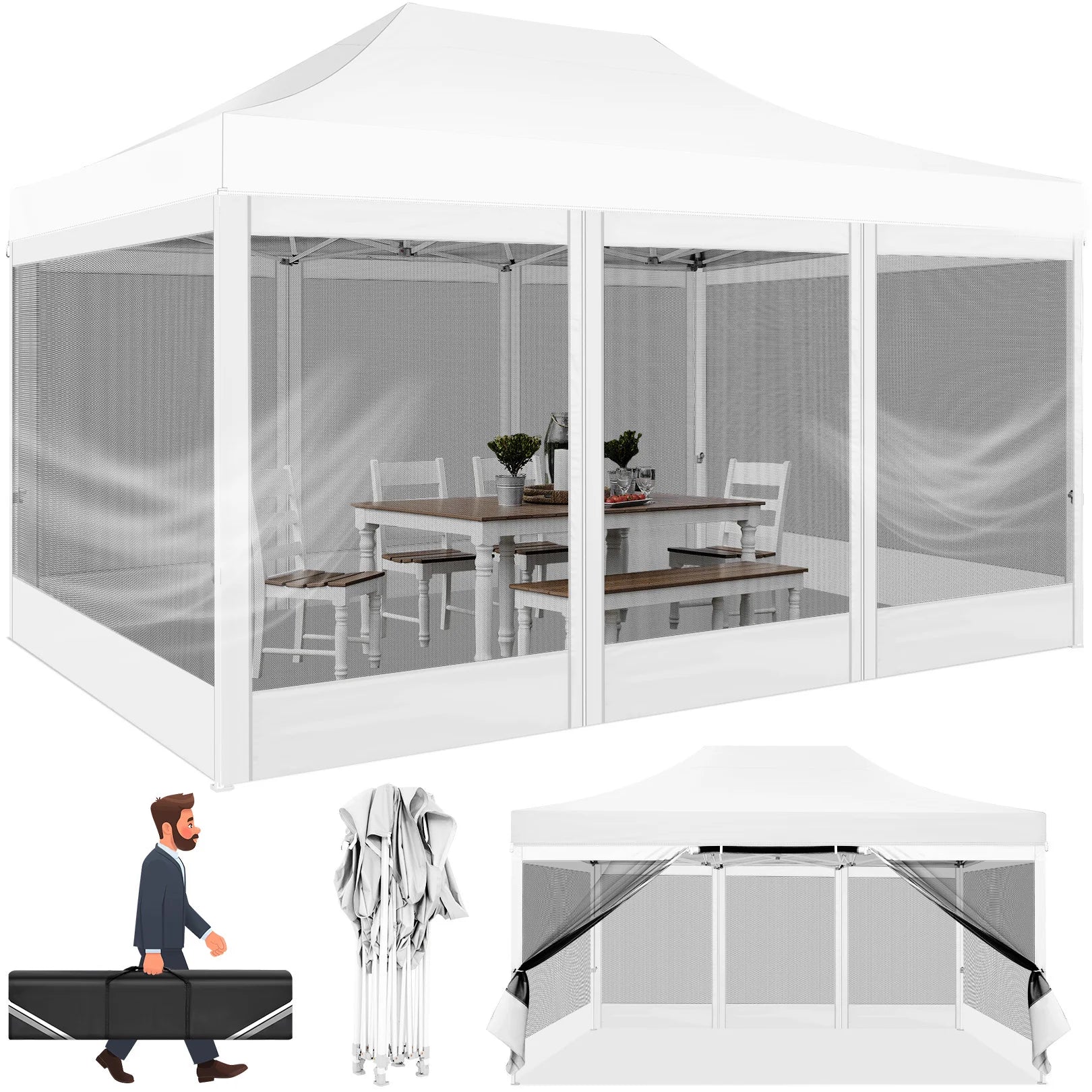 10x15 FT Heavy Duty Pop Up Canopy with 4 Sidewalls, Commercial Gazebo Party Tent with Mosquito Netting Wall Easy Set Up Outdoor