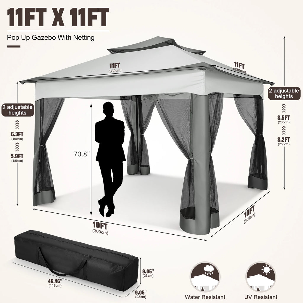 11x11ft Pop Up Gazebo Pavilion With Mosquito Netting Outdoor Canopy Tent Backyard