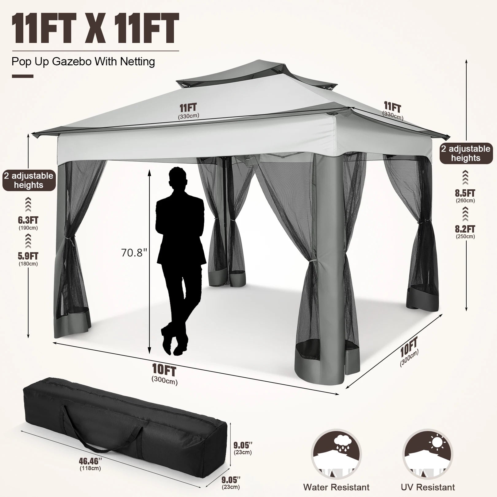 11x11ft Pop Up Gazebo Pavilion With Mosquito Netting Outdoor Canopy Tent Backyard
