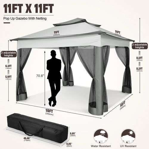 11x11ft Pop Up Gazebo Pavilion With Mosquito Netting Outdoor Canopy Tent Backyard