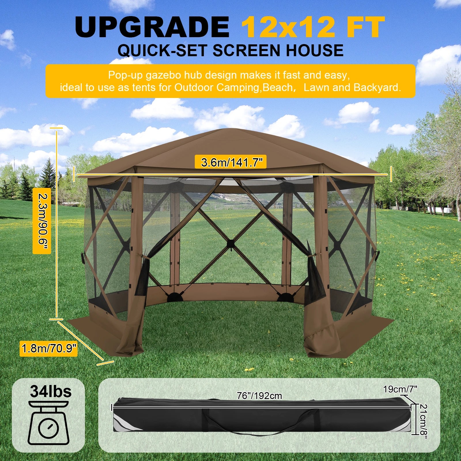 12x12ft Pop Up Gazebo Screen House Tent for Outdoor Camping, Mosquito Netting