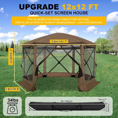 12x12ft Pop Up Gazebo Screen House Tent for Outdoor Camping, Mosquito Netting