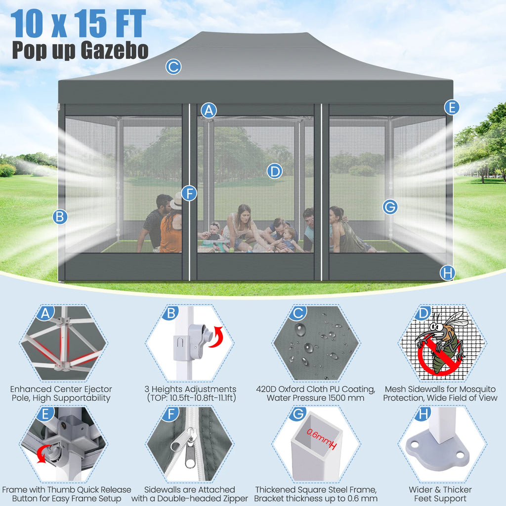 10x15 FT Heavy Duty Pop Up Canopy with 4 Sidewalls, Commercial Gazebo Party Tent with Mosquito Netting Wall Easy Set Up Outdoor