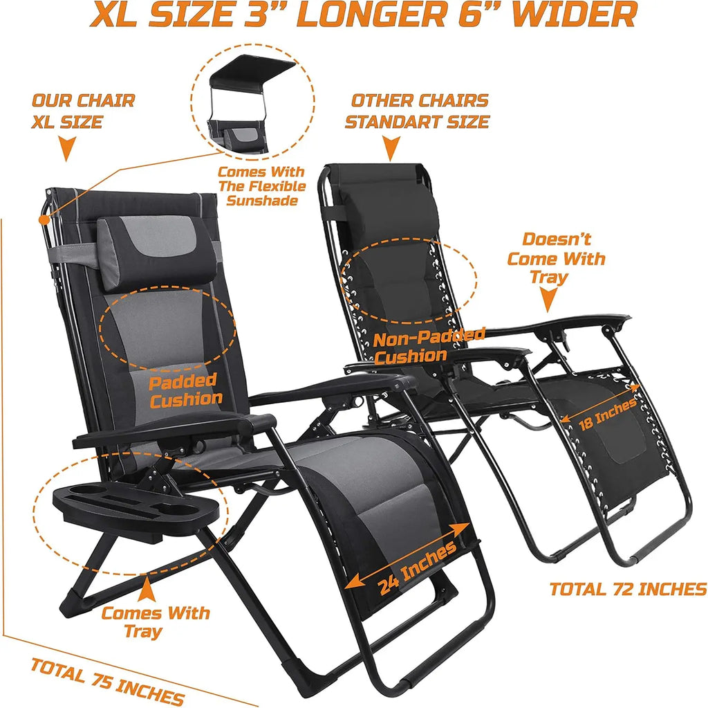 XXL Oversize Recliner Folding Chair for Camping Patio Outdoors Zero Gravity Extra Wide Reclining Padded Seats with Sunshade