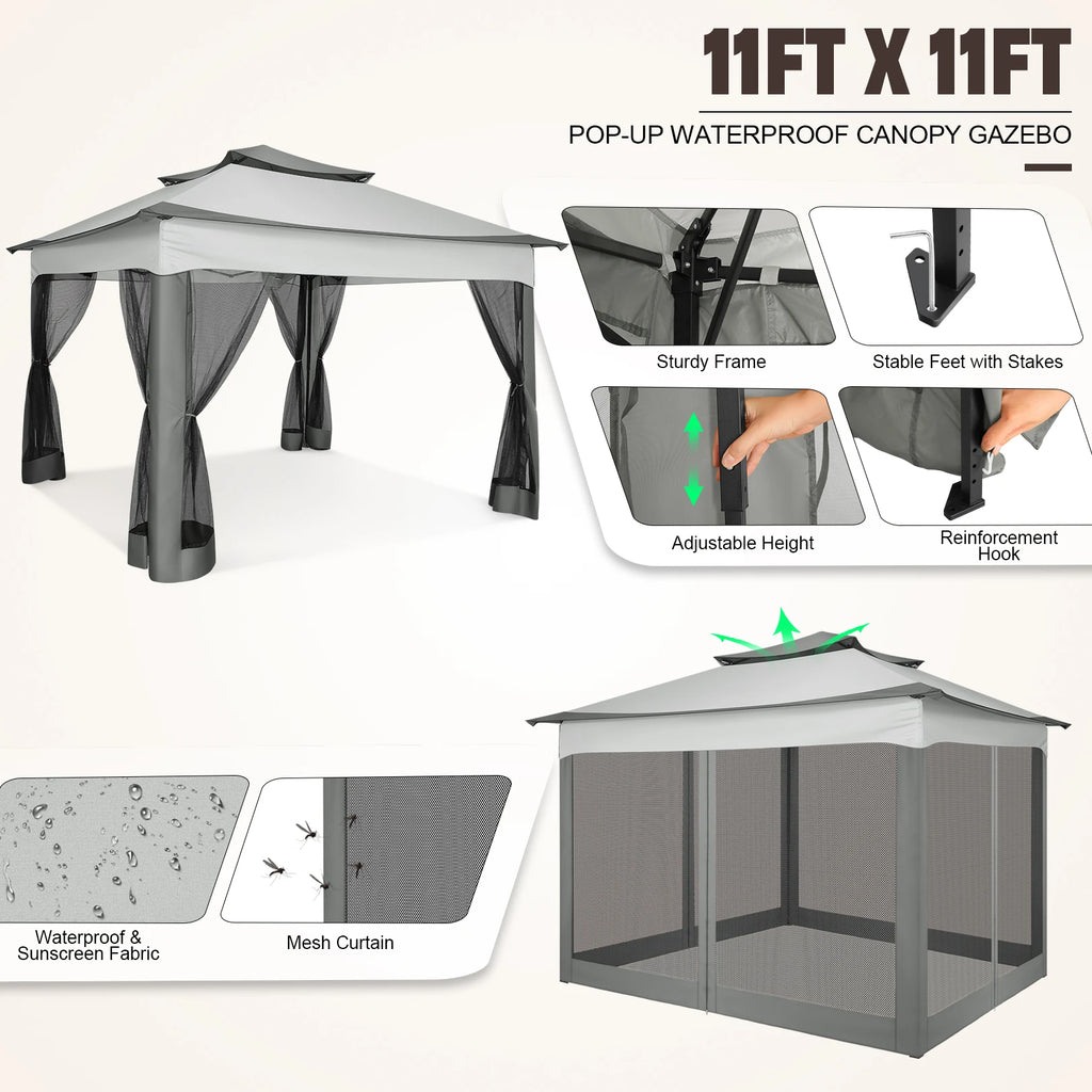 11x11ft Pop Up Gazebo Pavilion With Mosquito Netting Outdoor Canopy Tent Backyard