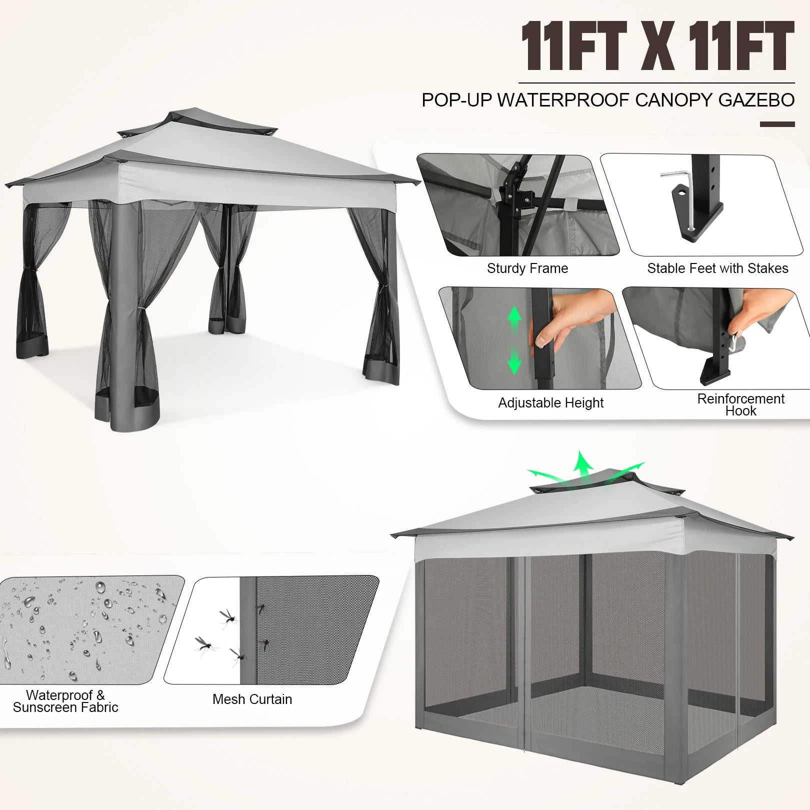 11x11ft Pop Up Gazebo Pavilion With Mosquito Netting Outdoor Canopy Tent Backyard