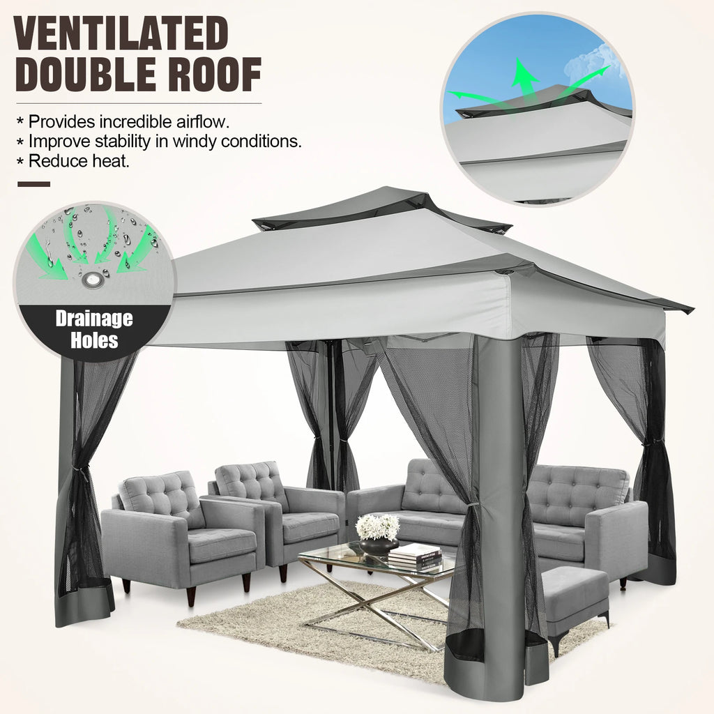 11x11ft Pop Up Gazebo Pavilion With Mosquito Netting Outdoor Canopy Tent Backyard