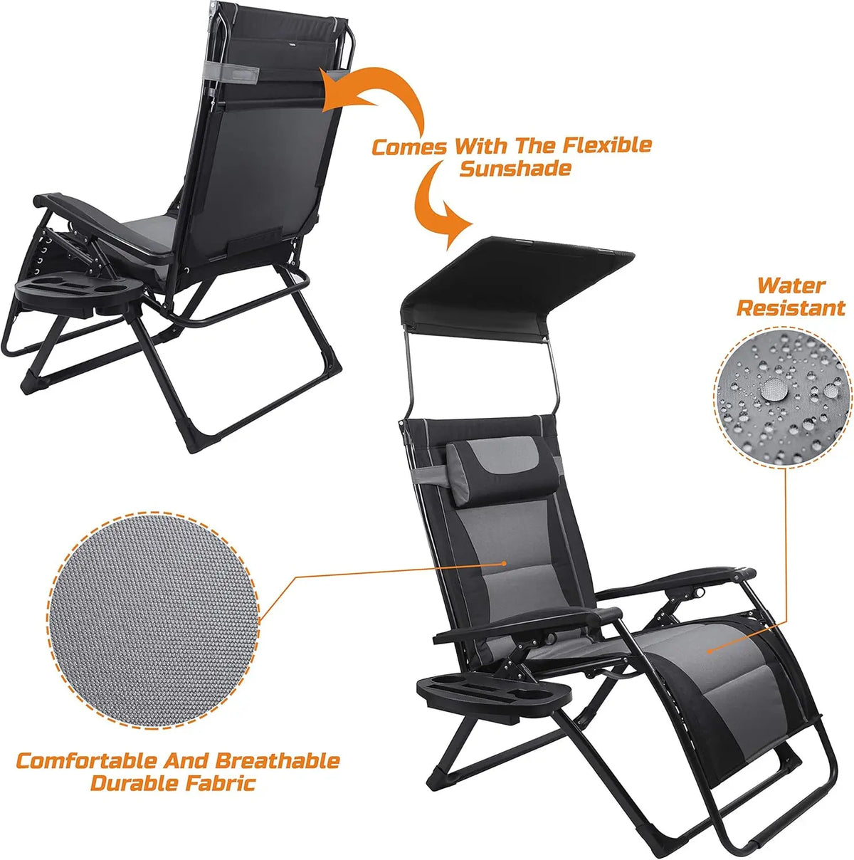 XXL Oversize Recliner Folding Chair for Camping Patio Outdoors Zero Gravity Extra Wide Reclining Padded Seats with Sunshade