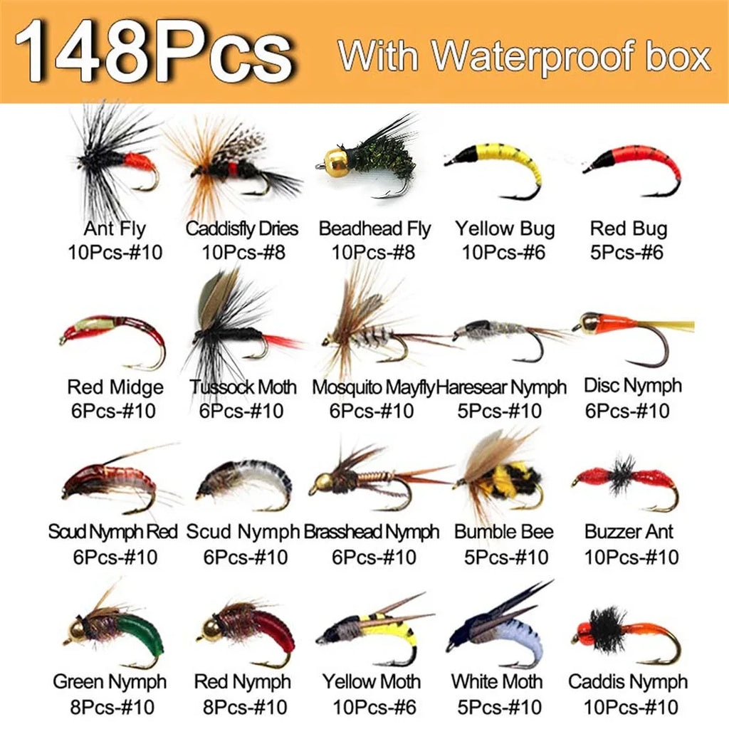 40-148Pieces/Box Trout Fly Fishing Assorted Nymph Dry Wet Flies