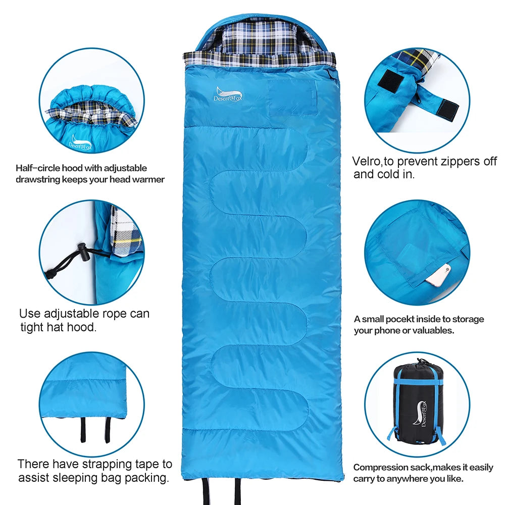 Soft Flannel Sleeping Bags with Pillow for Adult Kids Winter Warm Lining Hiking Camping