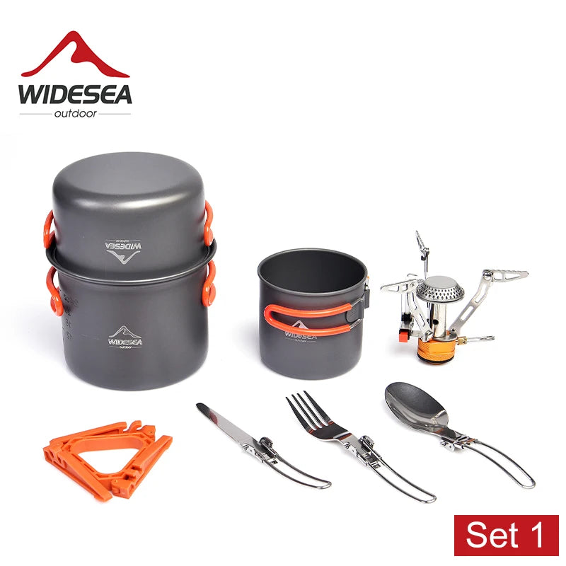 Camping Cookware Set Outdoor Tableware Equipment Burner Stove Folding Knife Fork Portable