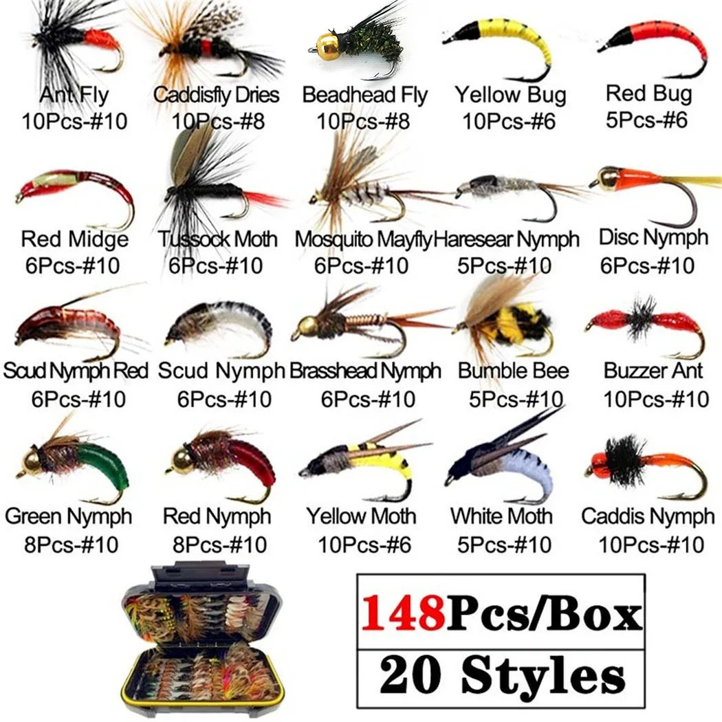 40-148Pieces/Box Trout Fly Fishing Assorted Nymph Dry Wet Flies