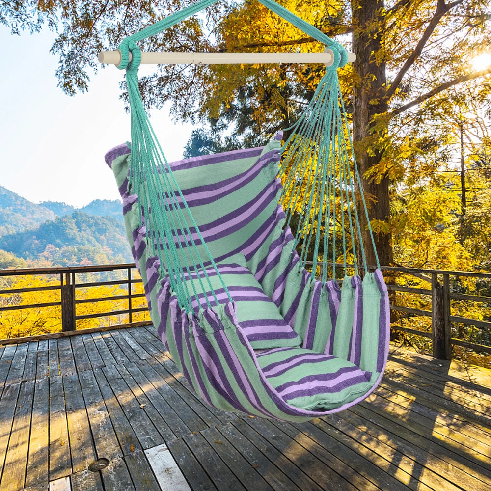 Outdoor Hanging Rope Chair Polyester Cotton with 2 Soft Pillows 250 Lbs Capacity