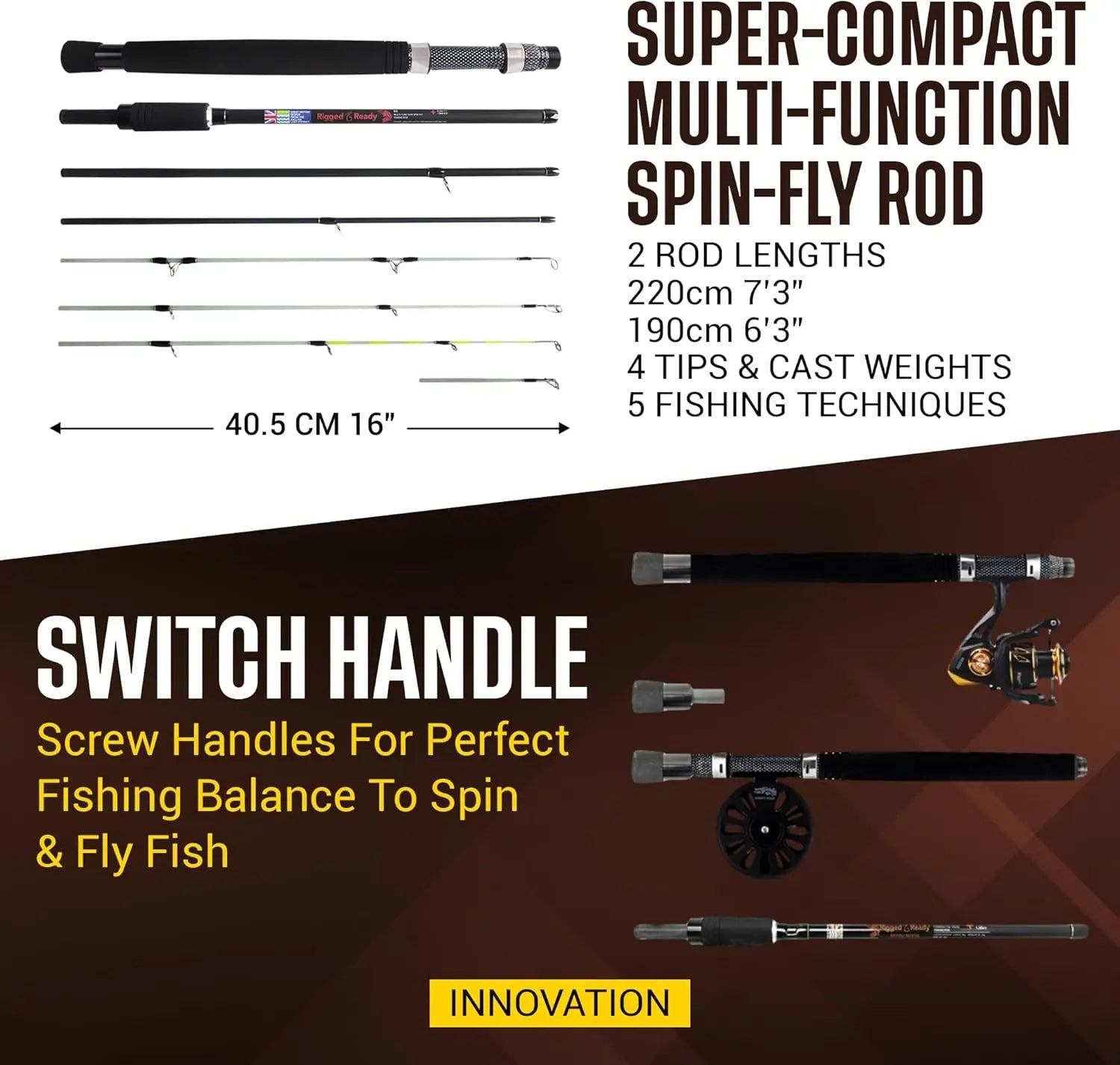 5-in-1 Fishing Rod: Spin, Fly, Fresh & Saltwater, Compact 7'3" Rod with 4 Tips, 2 Reels, Rugged Case