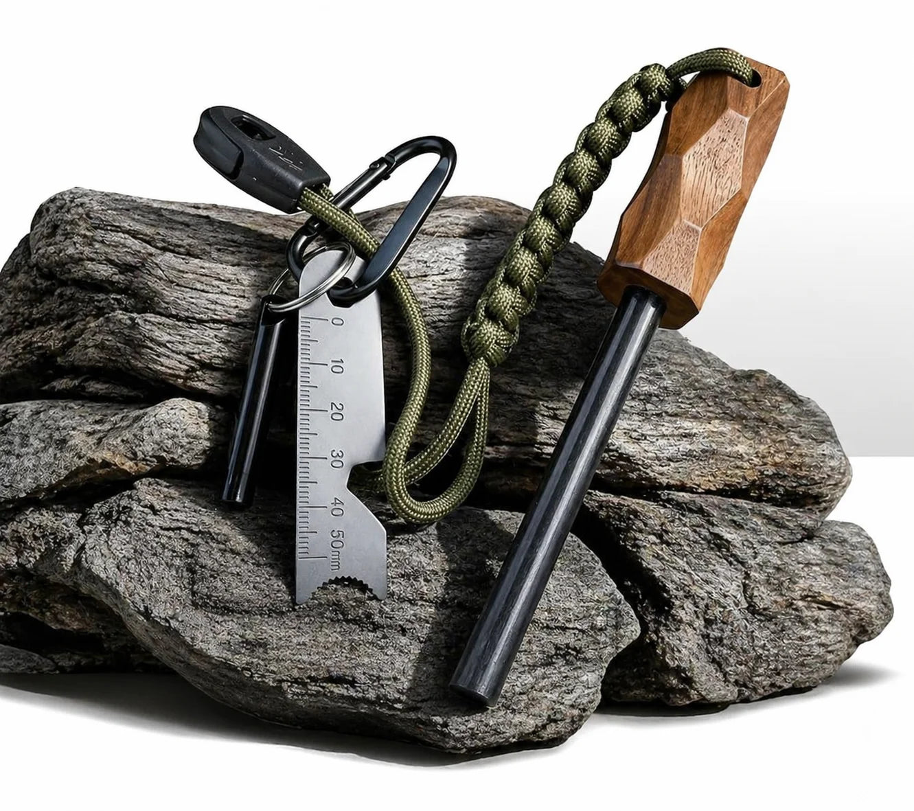 4-piece set, wooden handle magnesium ignition stick, multifunctional scraper, hanging rope whistle, waterproof and durable, emergency ignition