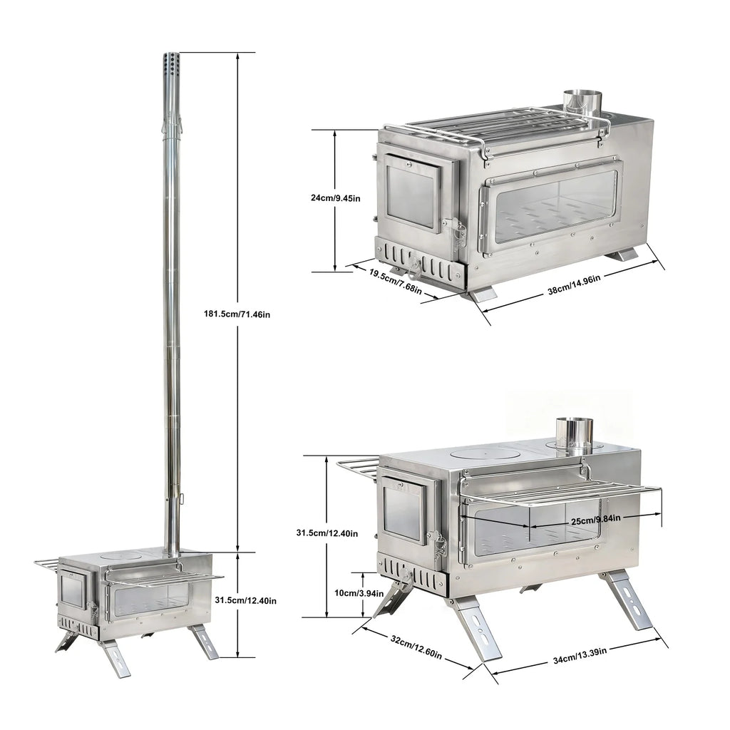 Portable Camping Tent Wood Stove for Outdoor Heating Stainless Steel Stove with 7 Chimney Pipes
