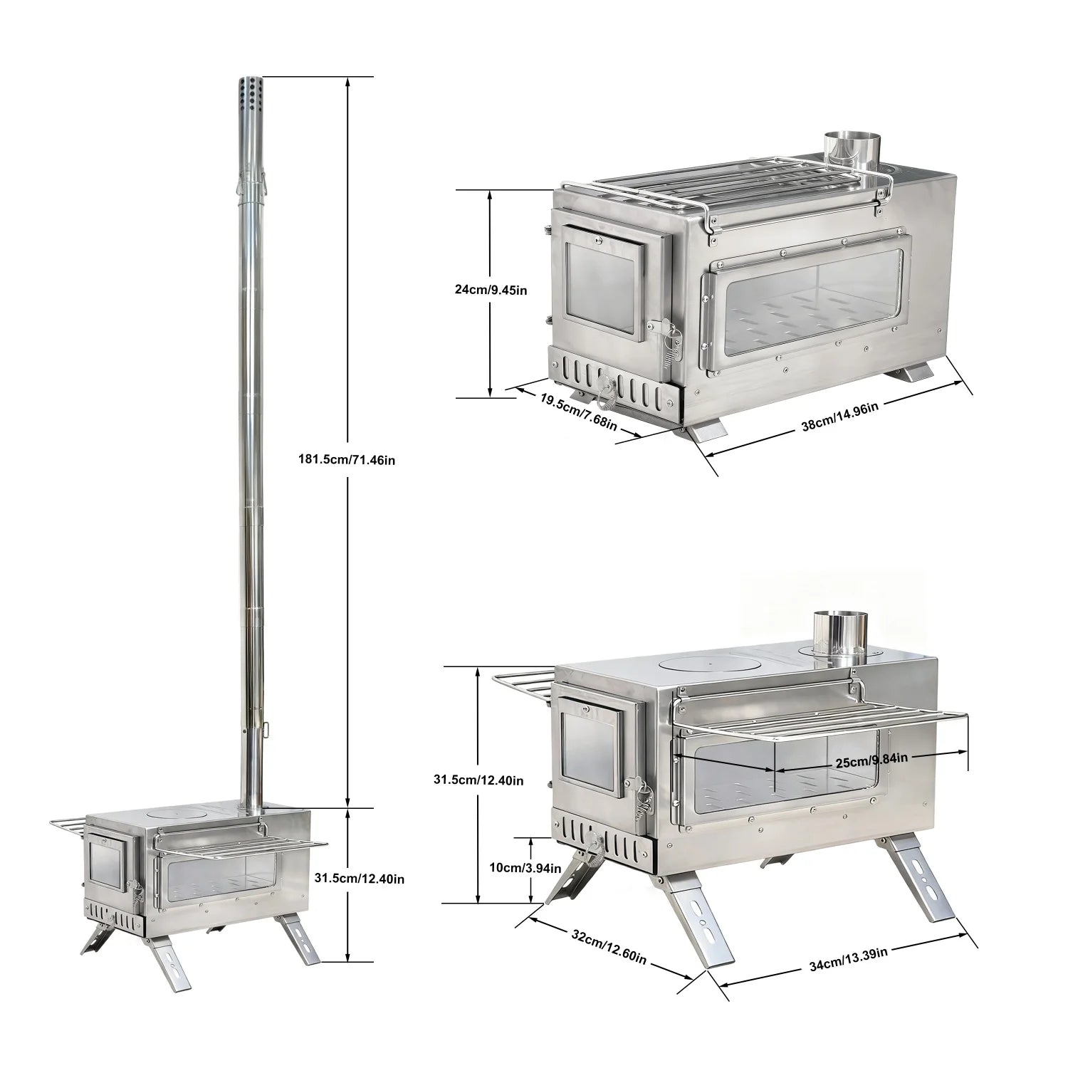 Portable Camping Tent Wood Stove for Outdoor Heating Stainless Steel Stove with 7 Chimney Pipes
