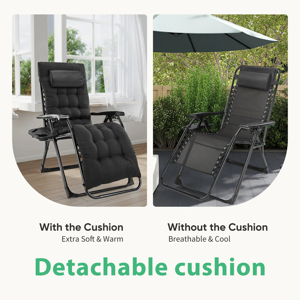 Zero Gravity Recliner Camping Patio Lounge Chair Folding Portable with Cup Holder Trays Removable Cushion