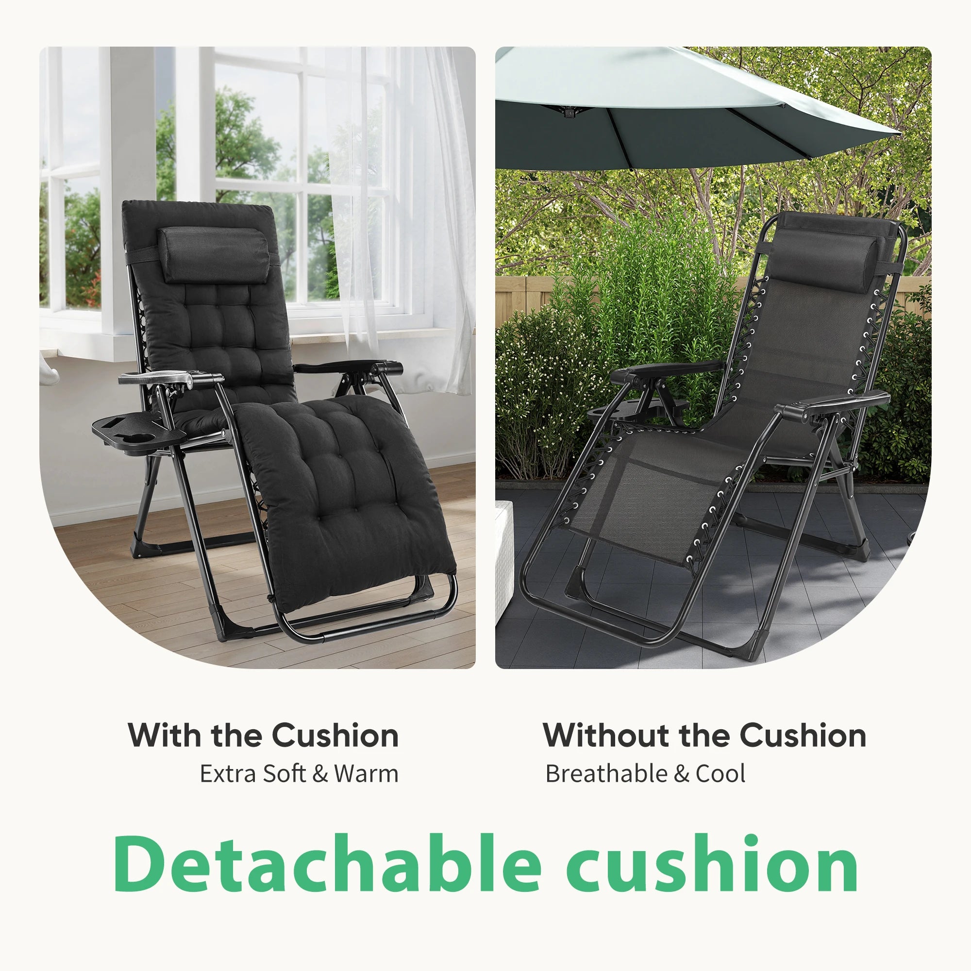 Zero Gravity Recliner Camping Patio Lounge Chair Folding Portable with Cup Holder Trays Removable Cushion