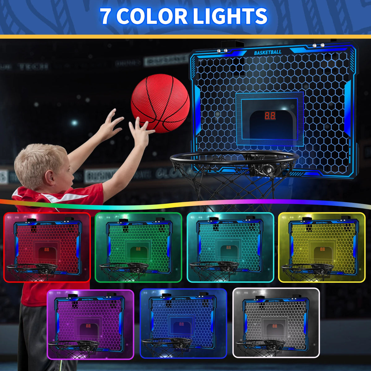 Basketball Hoop Wall-mounted Indoor/Outdoor Training Home Kids Basketball Toy, with 7 LED Lights Scoreboard