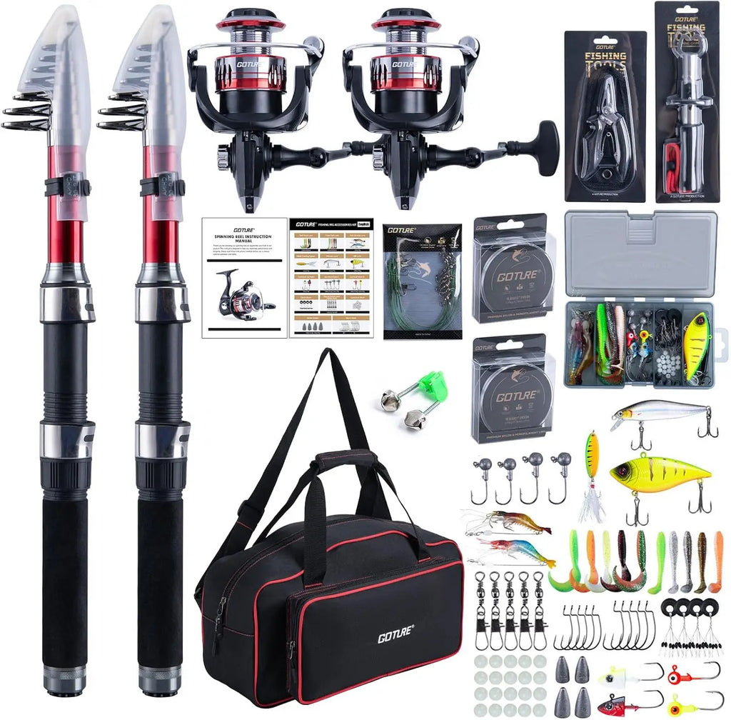 Fishing Rod and Reel Combos-2PCS Telescopic Fishing Pole+2PCS Spinning Reels with Carrier Bag