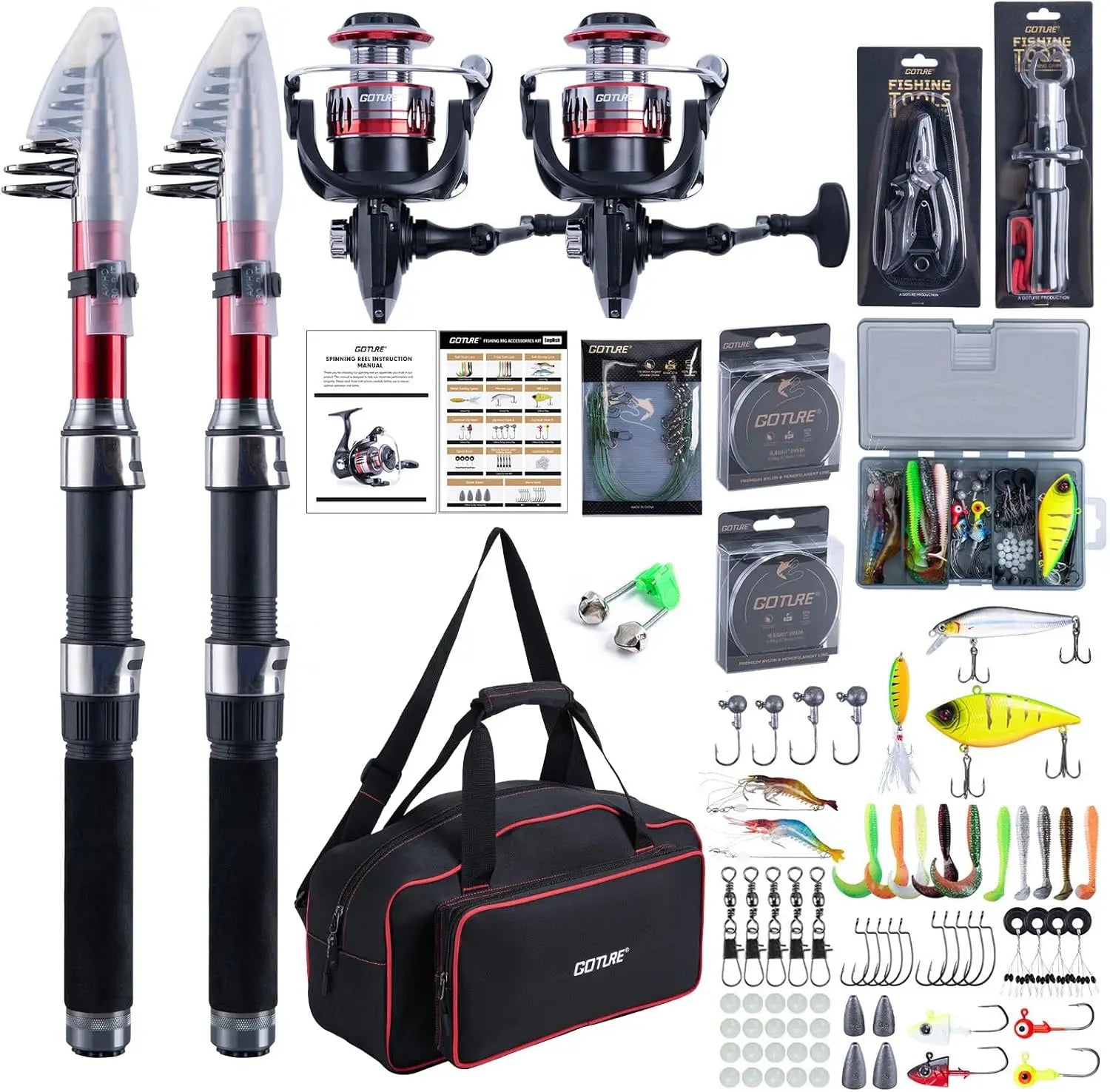 Fishing Rod and Reel Combos-2PCS Telescopic Fishing Pole+2PCS Spinning Reels with Carrier Bag