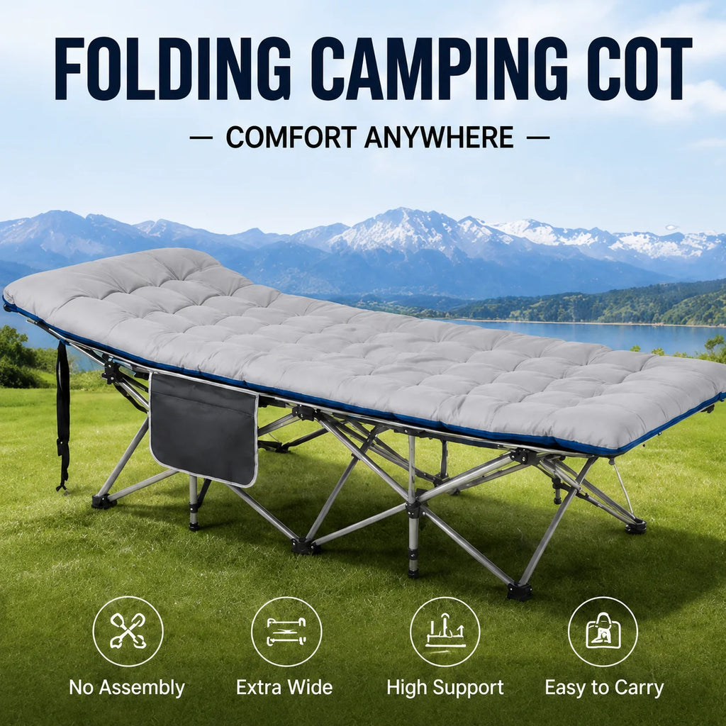 Portable Folding Camping Cot with Thick Mattress – Extra Wide Outdoor Bed with Side Pocket Heavy Duty Steel Frame for Tent, Hiking