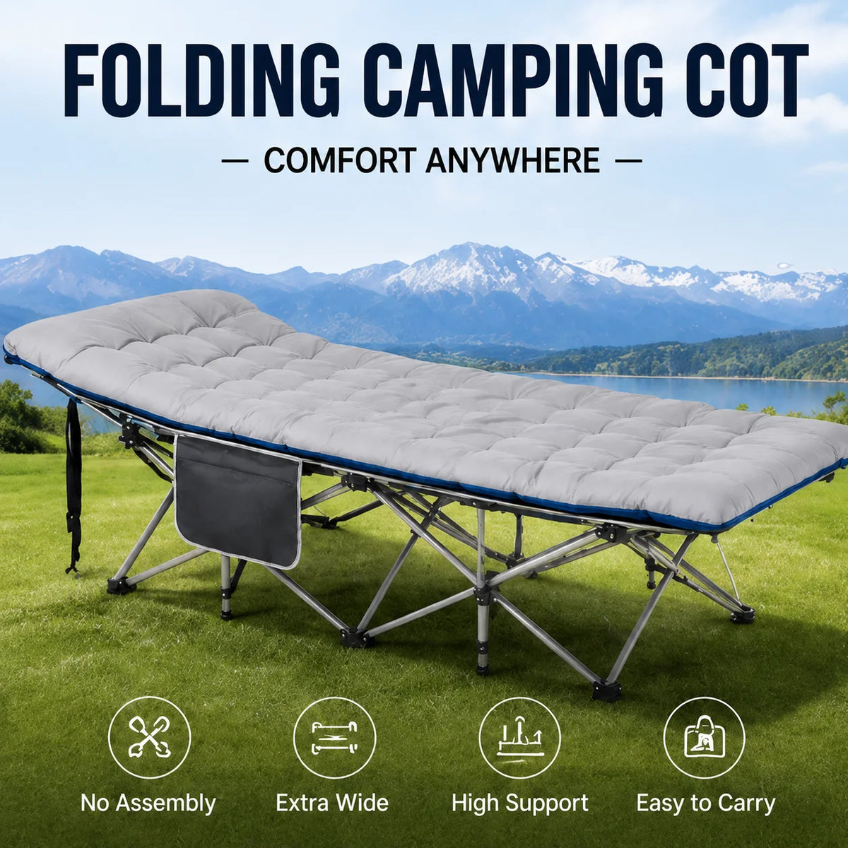 Portable Folding Camping Cot with Thick Mattress – Extra Wide Outdoor Bed with Side Pocket Heavy Duty Steel Frame for Tent, Hiking
