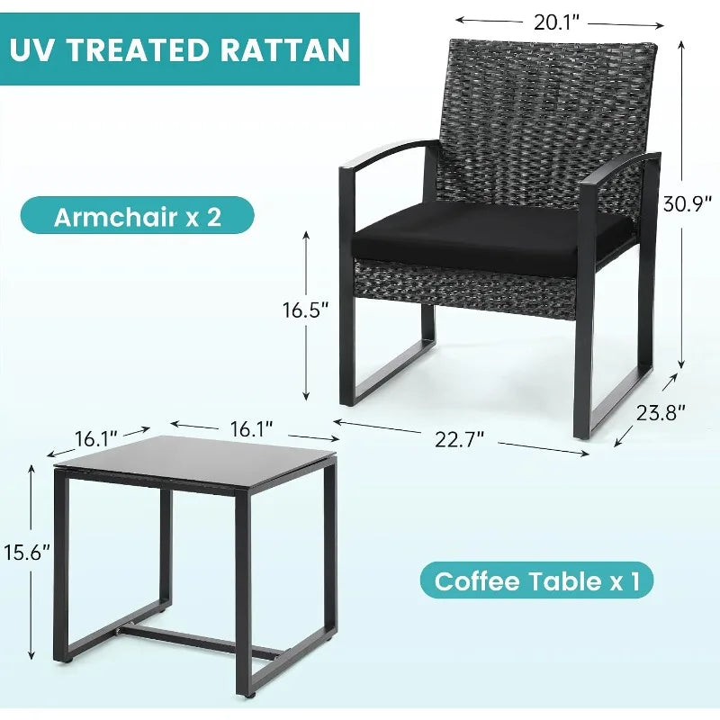 3 Piece Outdoor Wicker Bistro Set Rattan Patio Conversation Set with Coffee Table and Washable Cushions