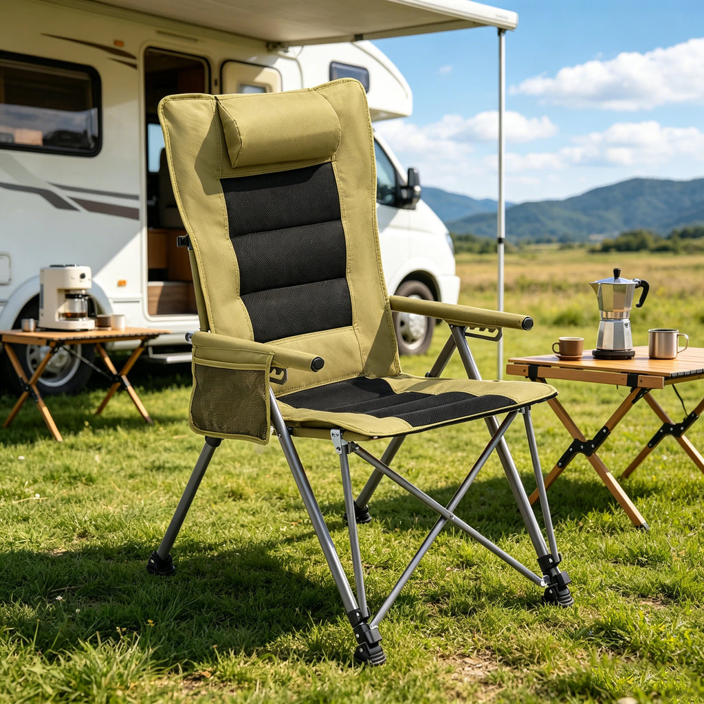 5-Position Adjustable Reclining Camping Chair, Heavy Duty Steel Frame Portable Outdoor Lounge Chair with Side Pocket & Carry Bag