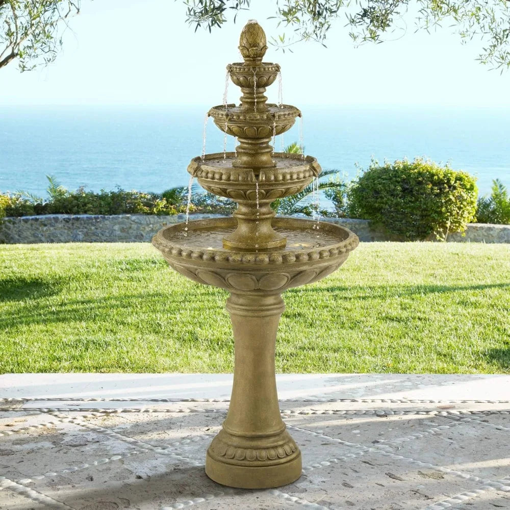 Sag Harbor 66" High Large Italian Outdoor Decor Sand Stone Floor Fountain with Light LED Waterfall 4-Tier Standing Basin Water F
