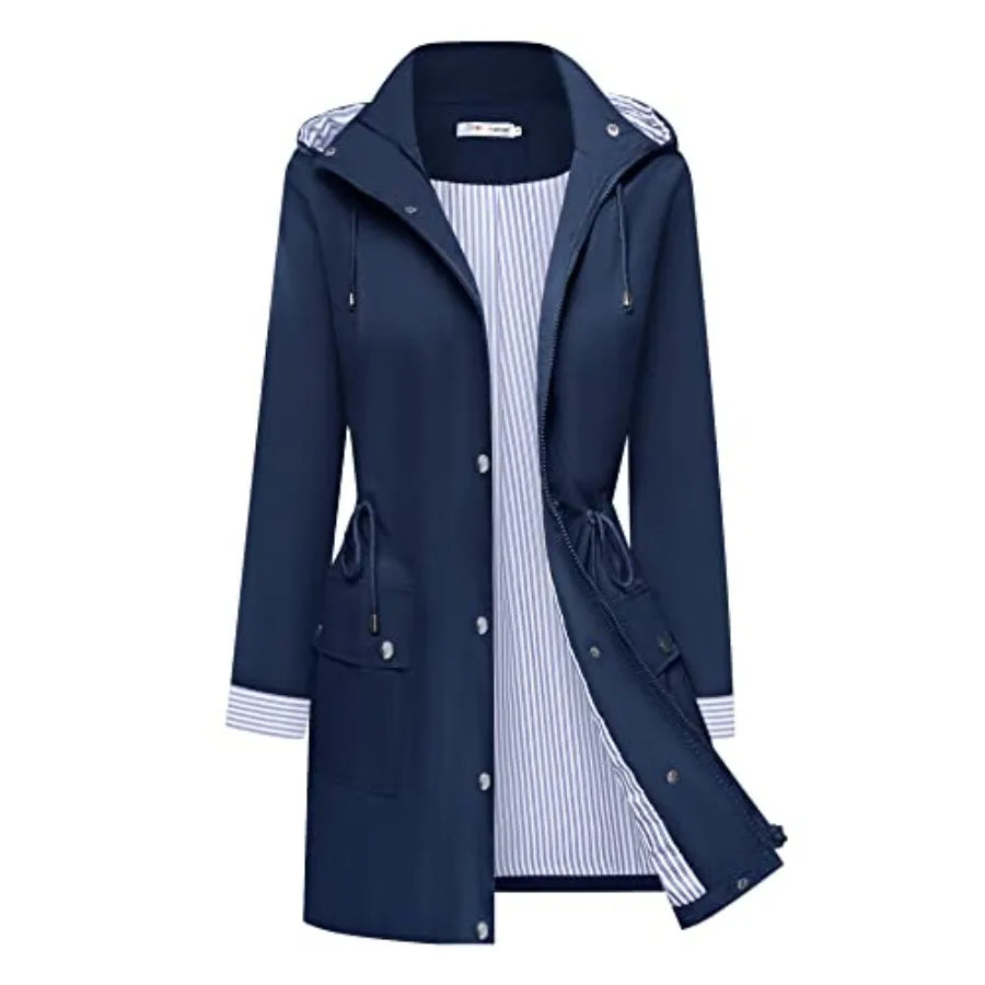 Rain Coats for Women Waterproof Rain Jacket Lightweight Windbreaker Outdoor Hooded Trench Coat
