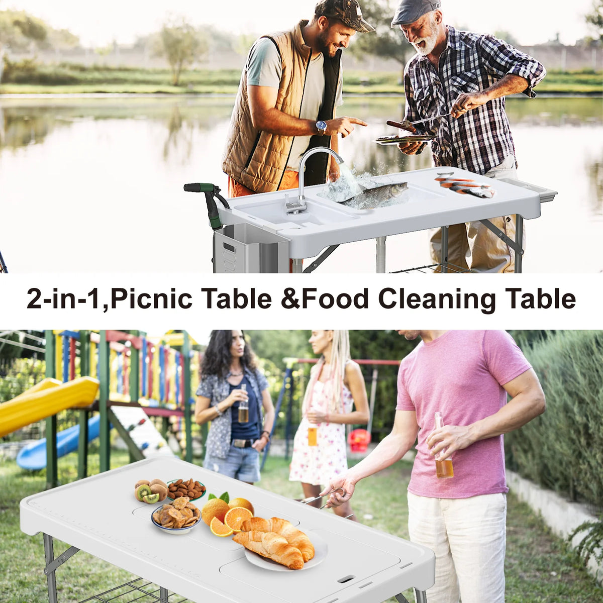 Folding Fish Cleaning Table with Sink, Portable Camping Sink Table, Outdoor Fillet Table for Picnic, Beach & Patio, White