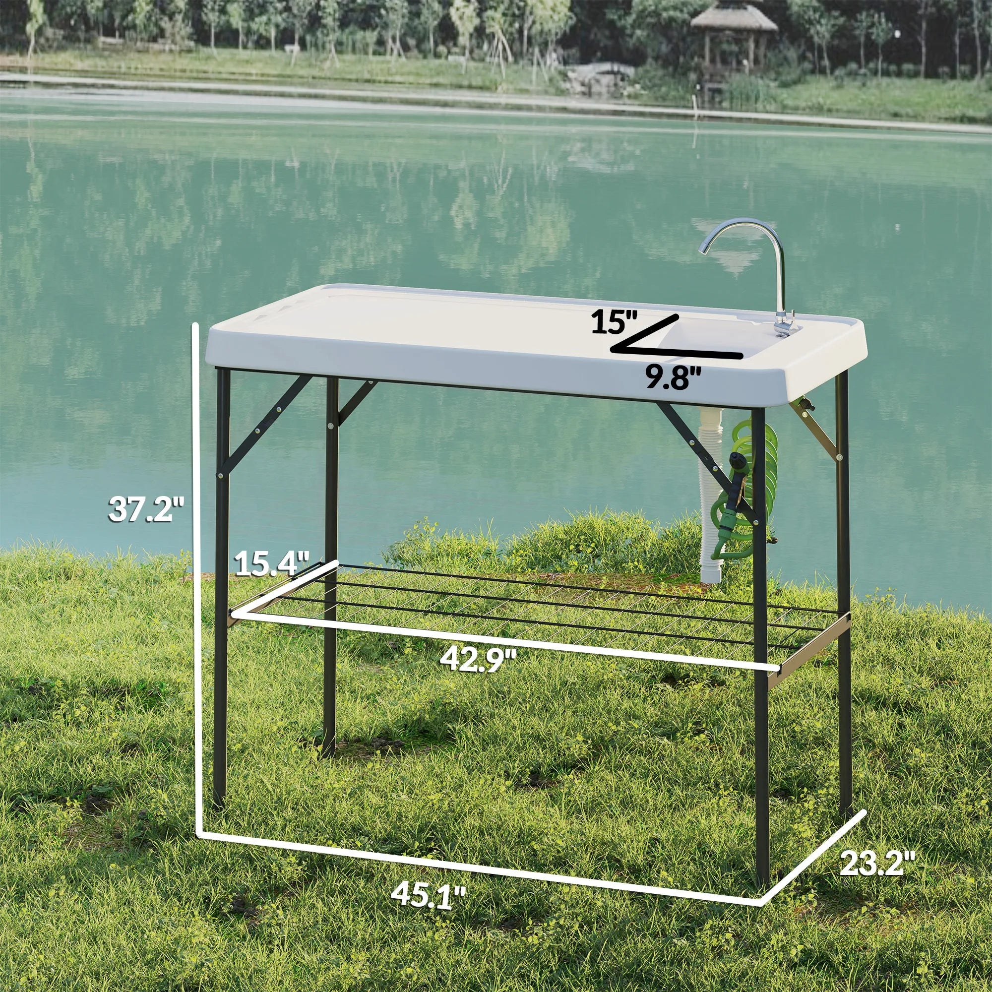 Folding Fish Cleaning Table with Sink, Faucet, Sprayer, White
