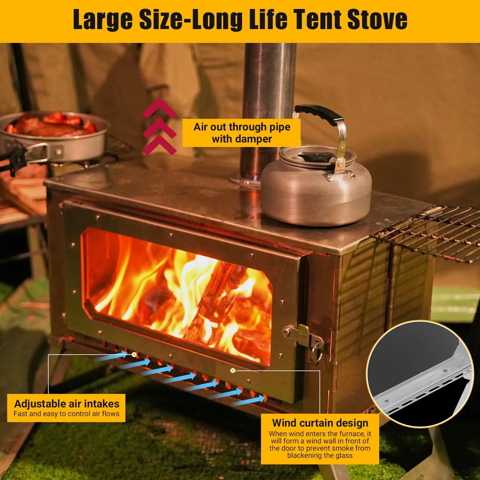 Portable Hot Tent Stove, Wood Burning Stove for Camping, Tent Stove With View Glass, Large Stainless Steel Camping Stove