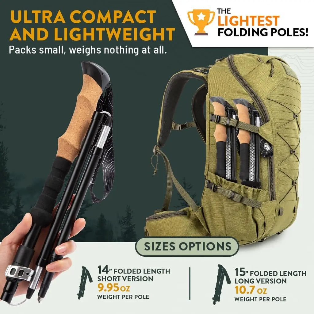 Foldable Adjustable Trekking Poles Aircraft Grade Aluminum Shaft With Metal Lock System Cork & EVA Hybrid Grips For Mountaineering Backpacking