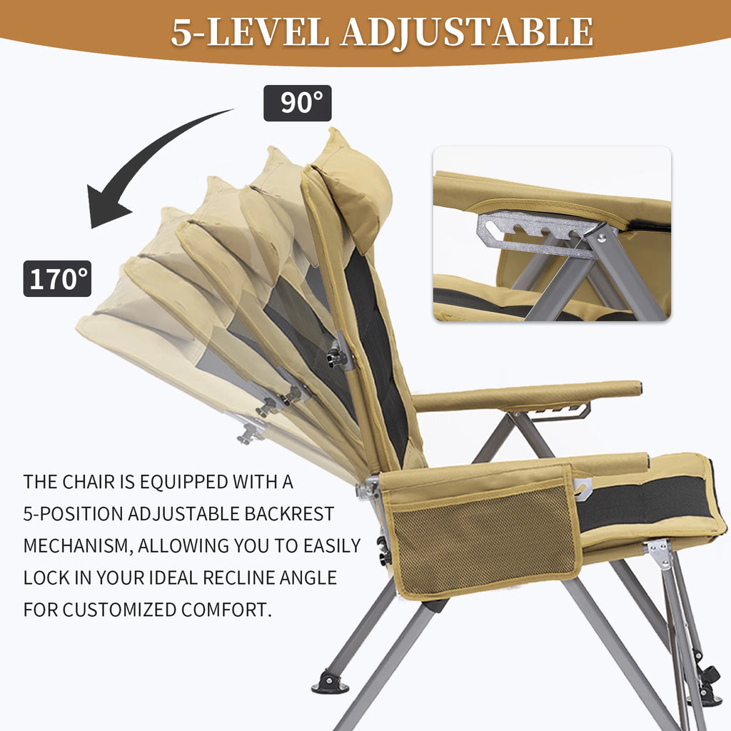 5-Position Adjustable Reclining Camping Chair, Heavy Duty Steel Frame Portable Outdoor Lounge Chair with Side Pocket & Carry Bag
