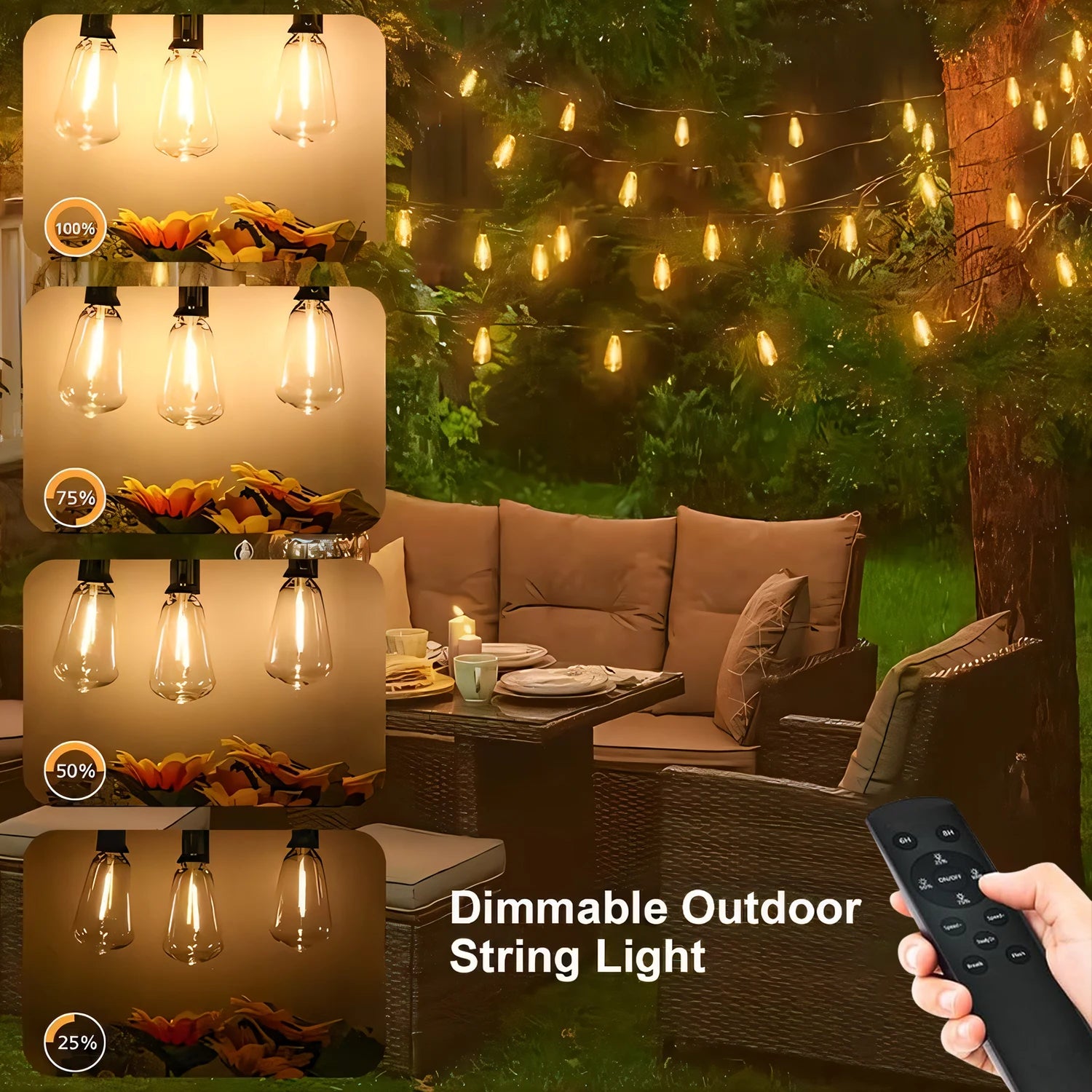 200FT ST38 Solar String Lights, 2700K Warm White, Black Wire, E12, Solar Powered Waterproof Outdoor Patio Lights