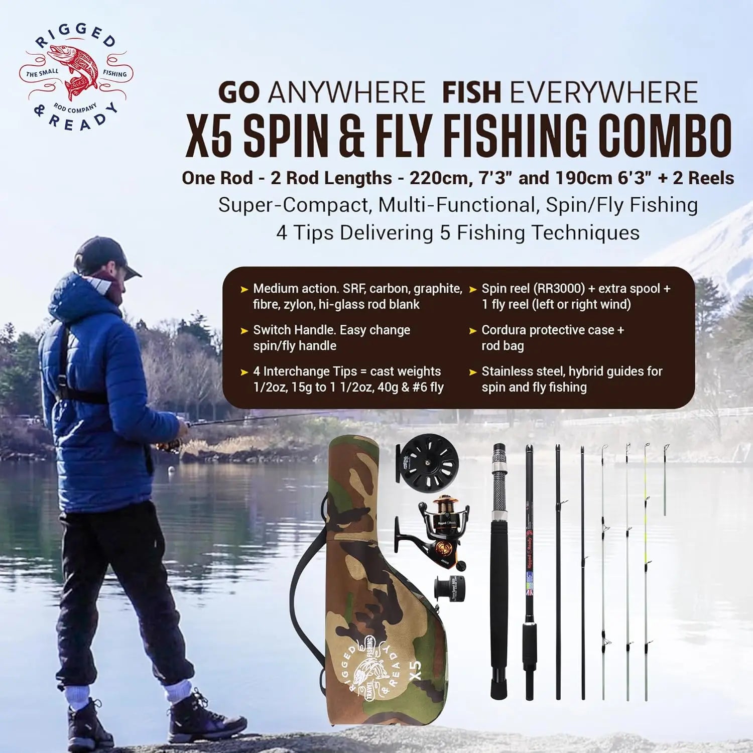 5-in-1 Fishing Rod: Spin, Fly, Fresh & Saltwater, Compact 7'3" Rod with 4 Tips, 2 Reels, Rugged Case