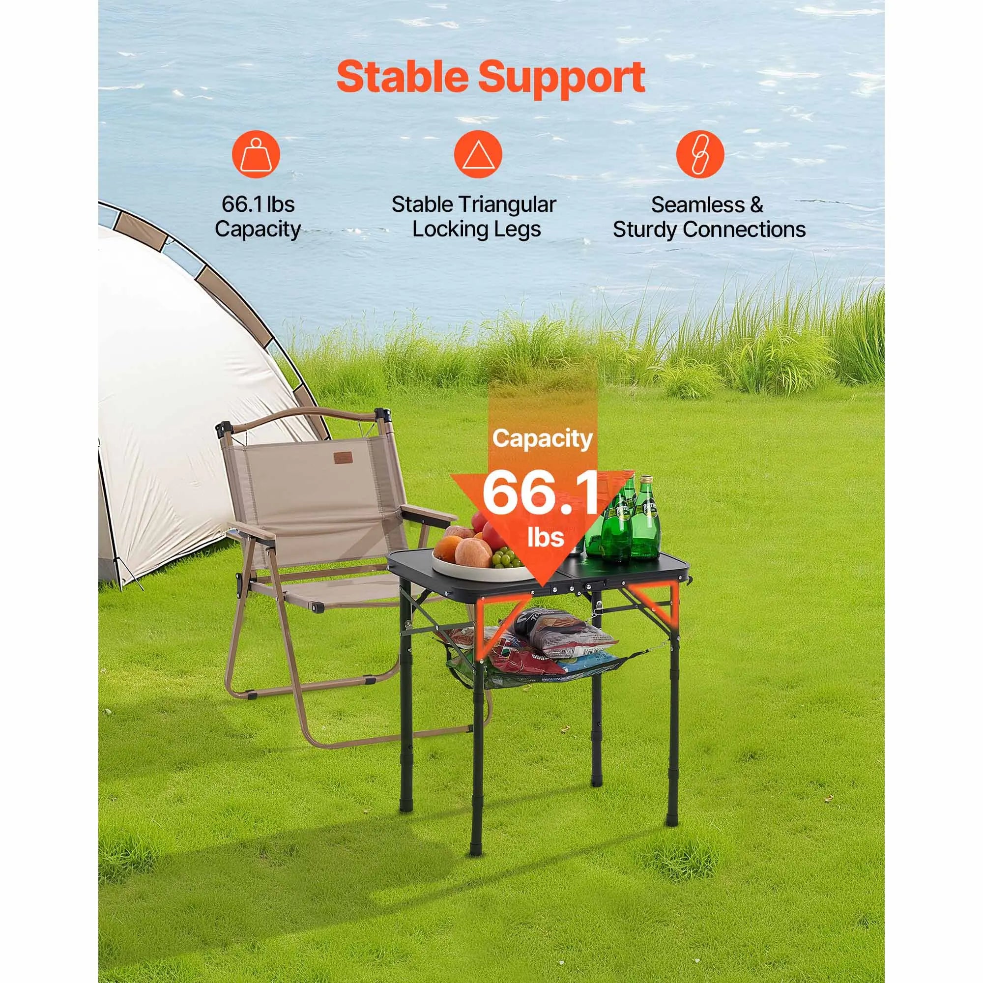 Folding Camping Table Adjustable Height Portable Side Tables Aluminum MDF Beach Table with Mesh Layer