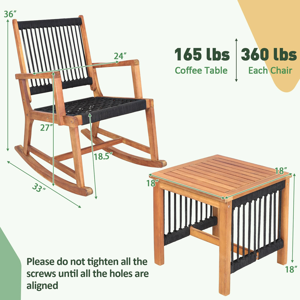 3pcs Patio Acacia Wood Bistro Table Rocking Chair Set