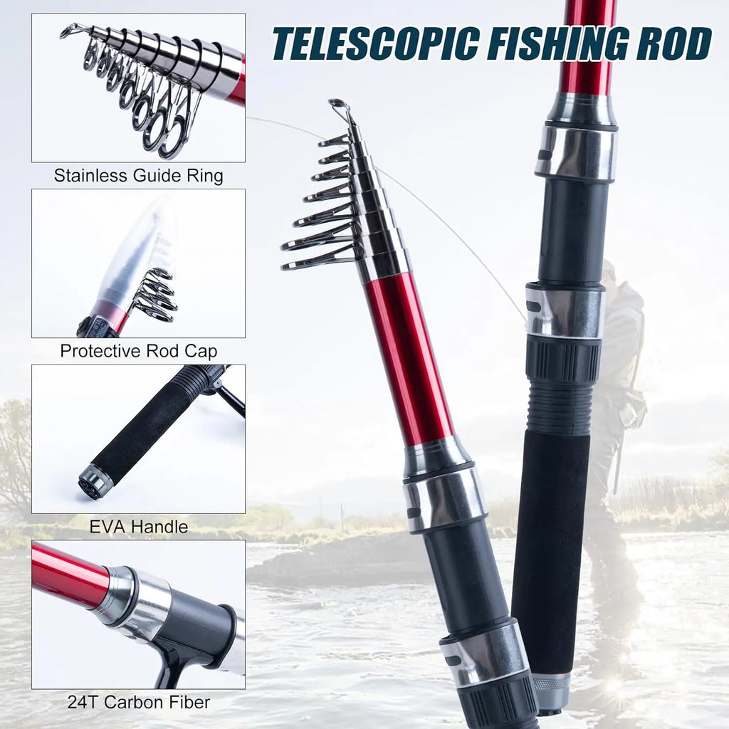 Fishing Rod and Reel Combos-2PCS Telescopic Fishing Pole+2PCS Spinning Reels with Carrier Bag