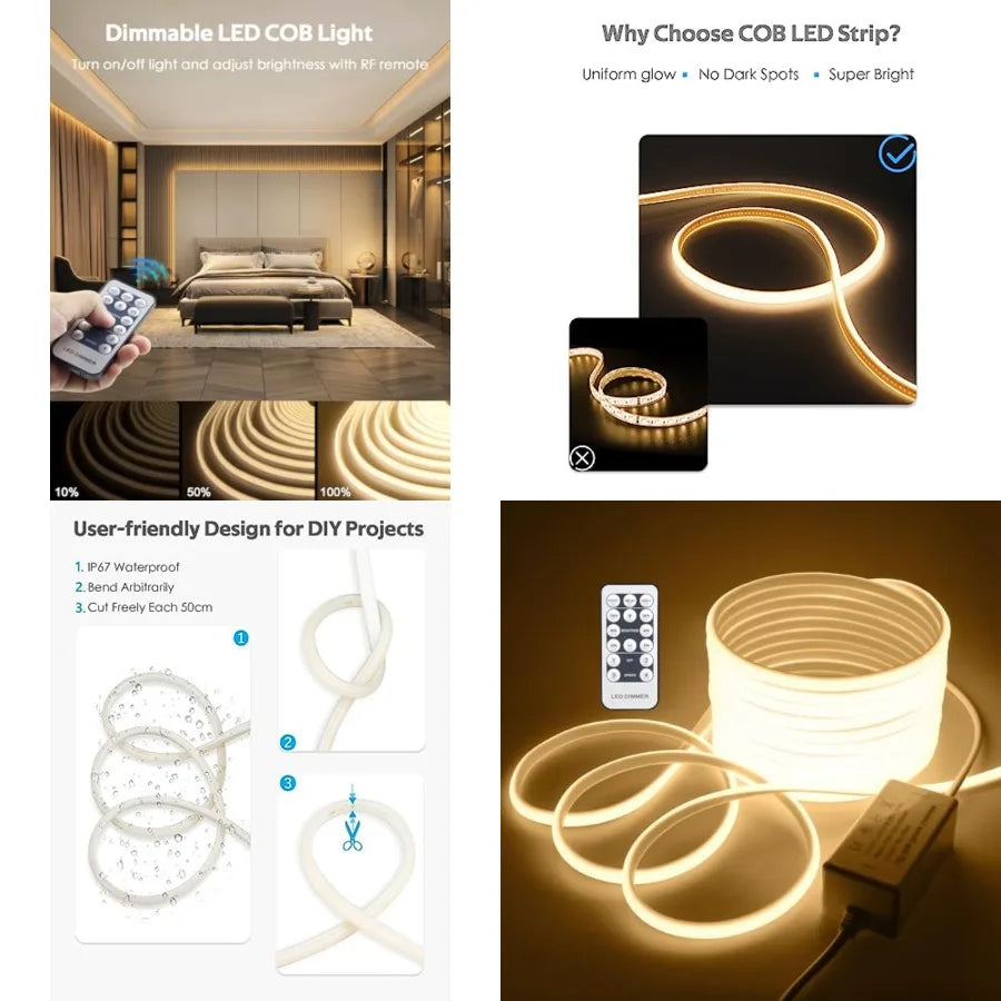 Outdoor LED Strip Lights Waterproof 50Feet Dimmable LED Rope Light with Remote AC 110V~120V